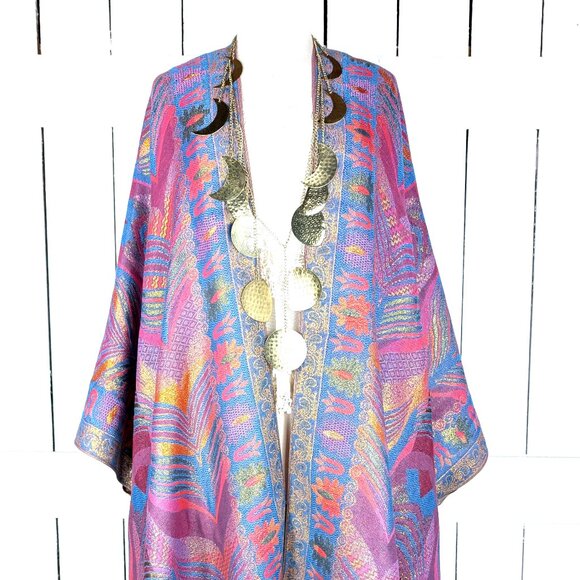 Metallic feather pashmina reversible kimono cover up - Picture 1 of 7